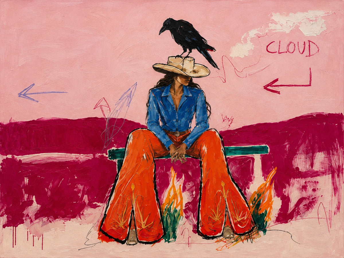Raven Interlude full artwork. A black bird perches on the hat of a seated western figure in a blue shirt and flared orange trousers.