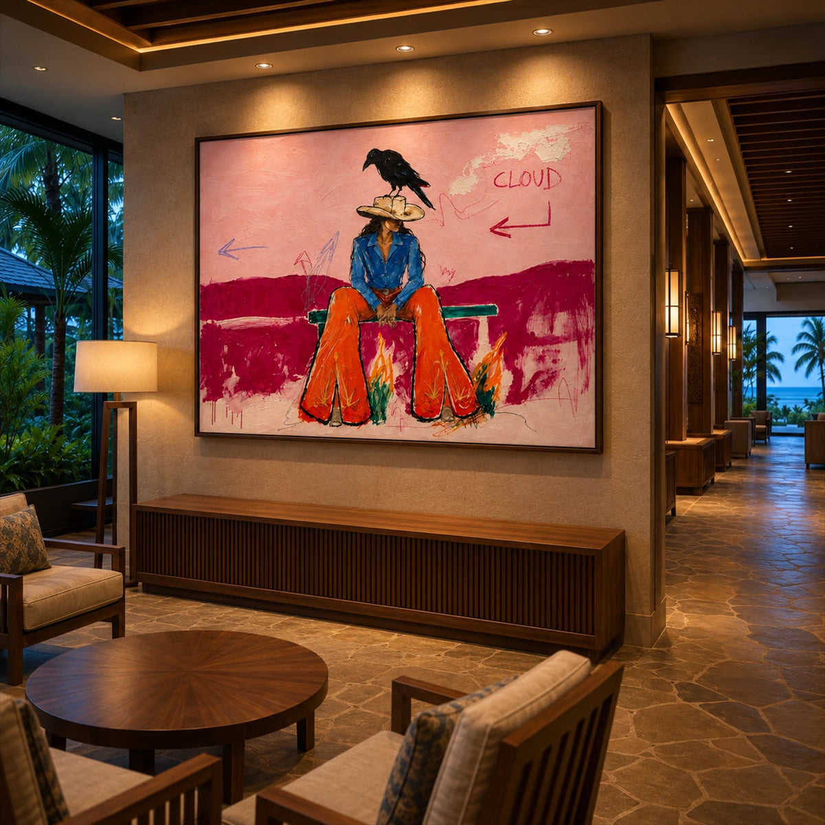 Raven Interlude artwork displayed above a long cabinet in a softly lit lounge.