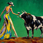 Verdant Toast full artwork. A woman in a sweeping yellow gown extends a red cocktail toward a black-and-white bull.