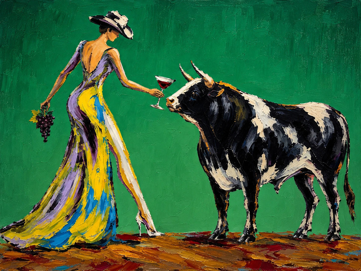 Verdant Toast full artwork. A woman in a sweeping yellow gown extends a red cocktail toward a black-and-white bull.
