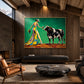 Verdant Toast artwork displayed above a dark sofa beneath exposed wooden beams.