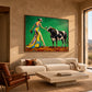 Verdant Toast artwork displayed above a cream sofa in a sunlit room.
