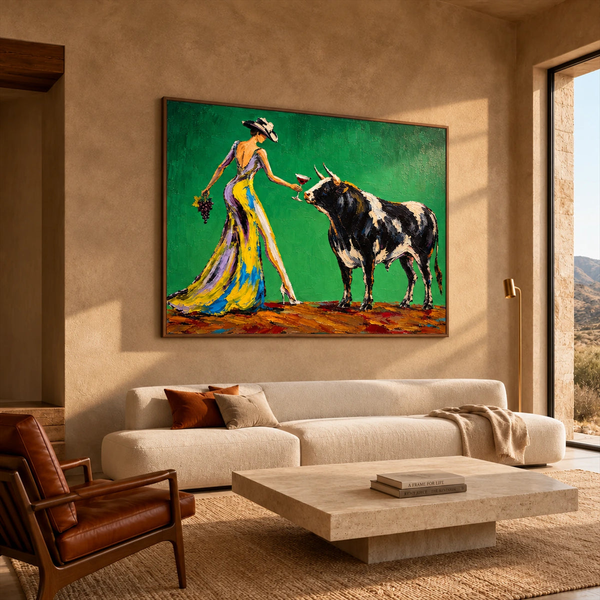 Verdant Toast artwork displayed above a cream sofa in a sunlit room.