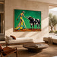 Verdant Toast artwork displayed above a cream sofa beside an open courtyard.