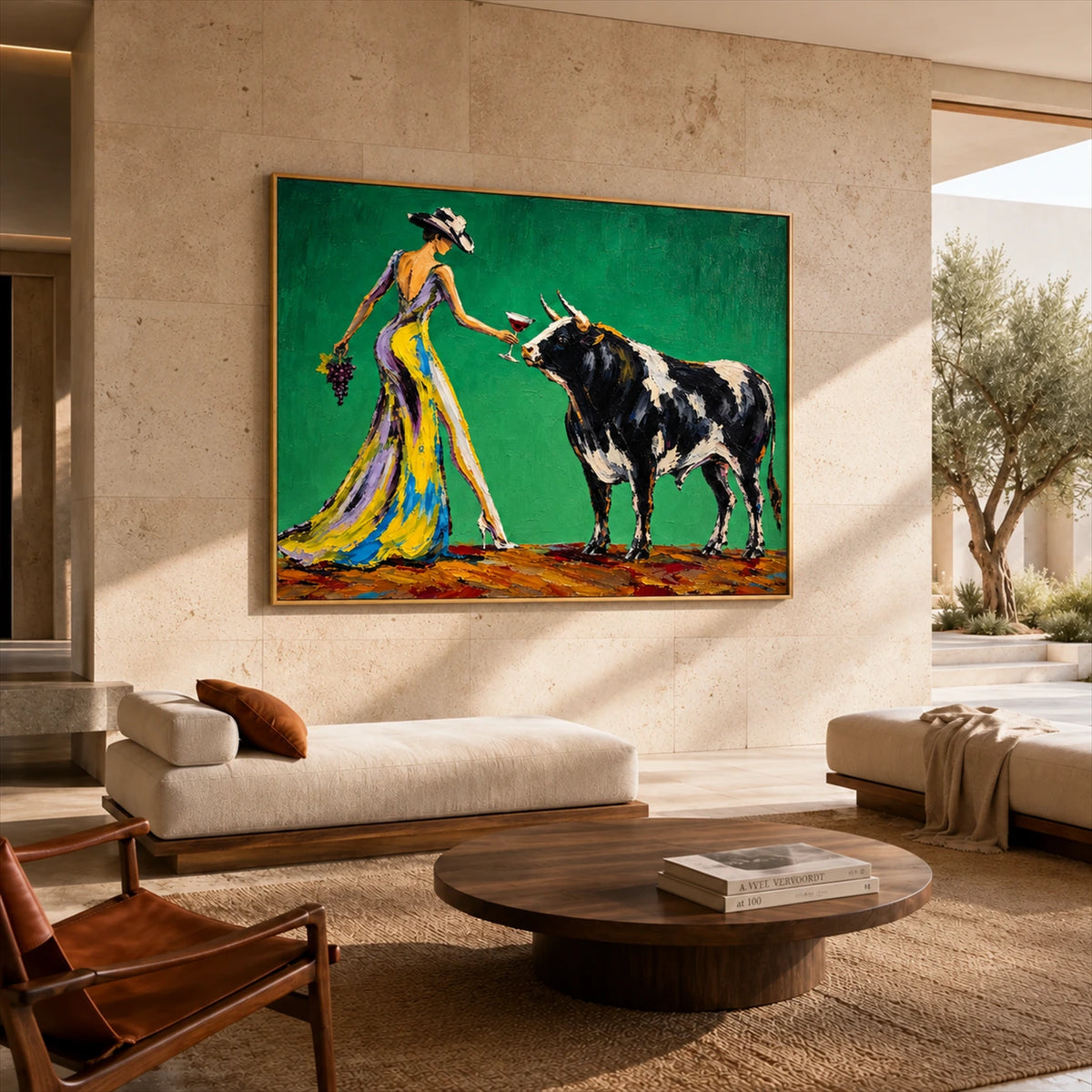 Verdant Toast artwork displayed above a cream sofa beside an open courtyard.