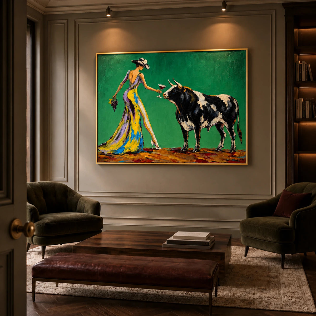 Verdant Toast artwork displayed above a wooden coffee table between green armchairs.
