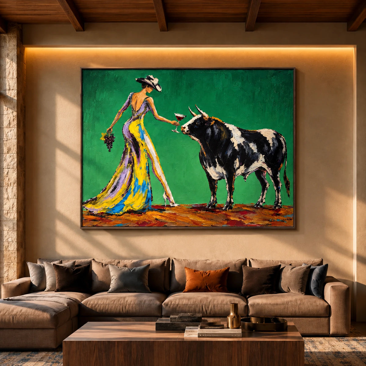Verdant Toast artwork displayed above a sofa beneath warm recessed lighting.