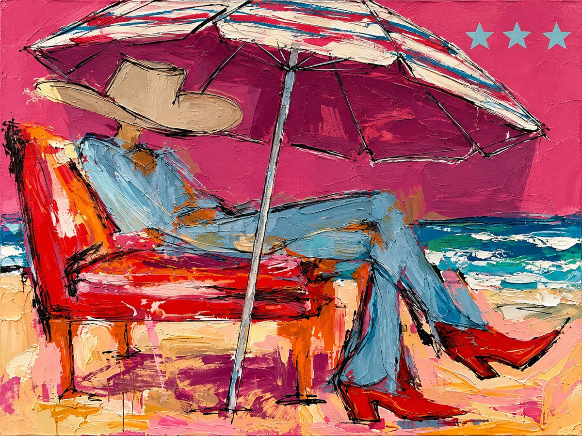 Parasol Escape full artwork. A reclining figure in blue rests beneath a striped beach parasol, with red boots stretched toward the sea.