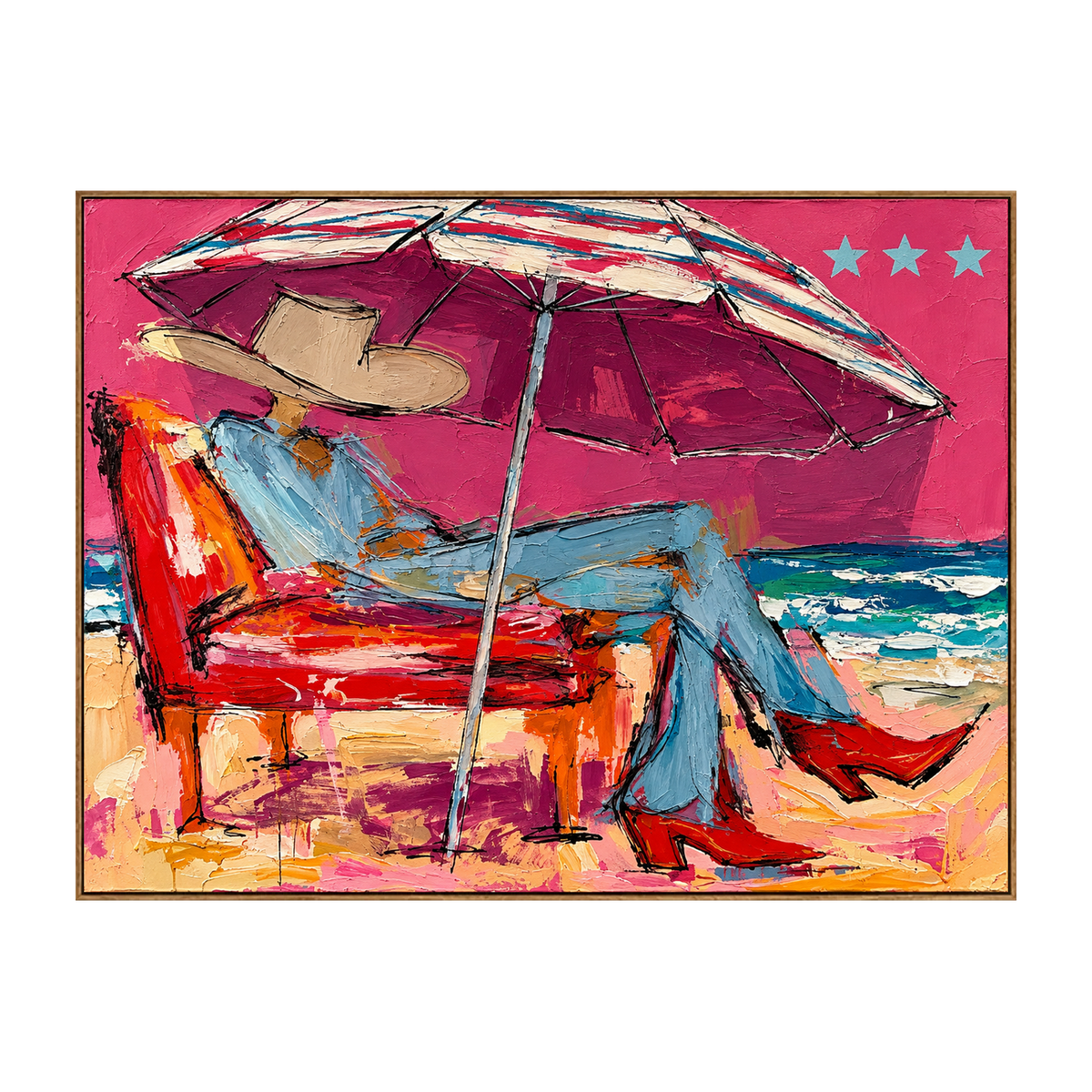 Parasol Escape artwork in a natural wood frame on a transparent background.