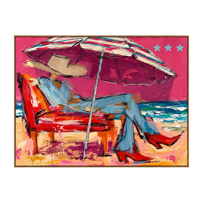 Parasol Escape artwork in a natural wood frame on a transparent background.