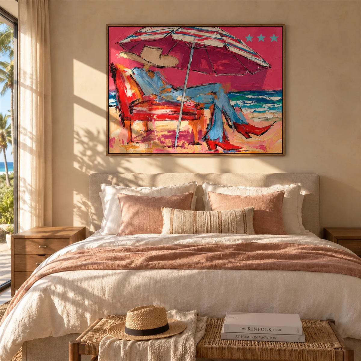 Parasol Escape artwork displayed above a bed with blush bedding.