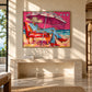Parasol Escape artwork displayed above a pale stone console in afternoon light.