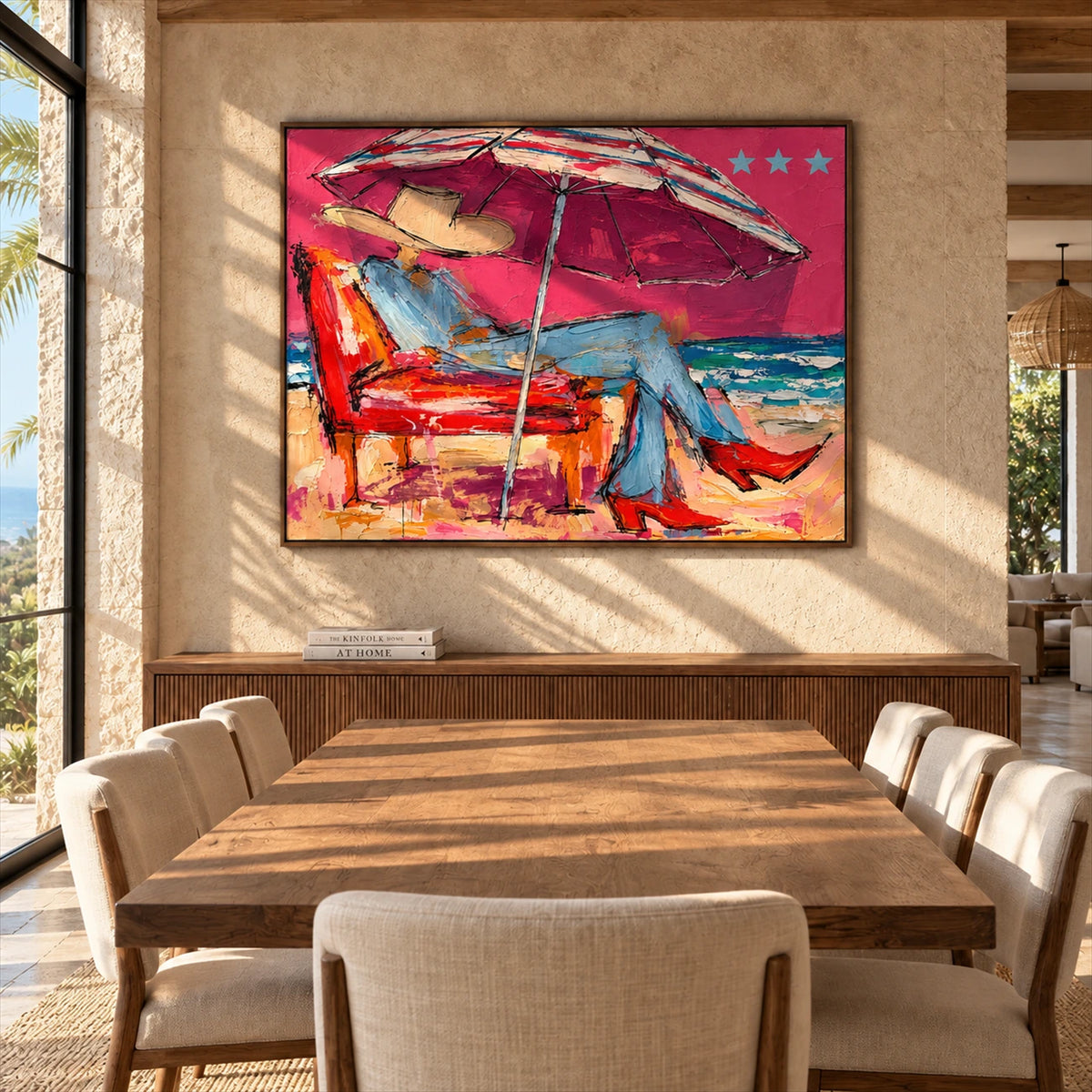 Parasol Escape artwork displayed beside a wooden dining table and upholstered chairs.