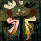 Saloon Suits full artwork. Two broad-hatted figures sit across a black cocktail table beneath floating playing cards.