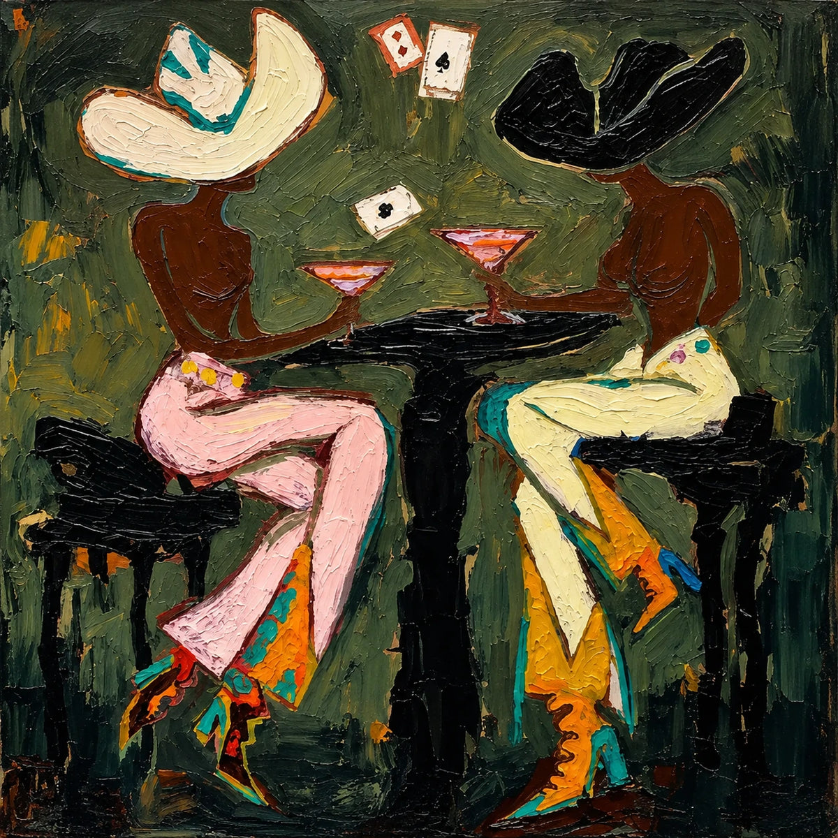 Saloon Suits full artwork. Two broad-hatted figures sit across a black cocktail table beneath floating playing cards.