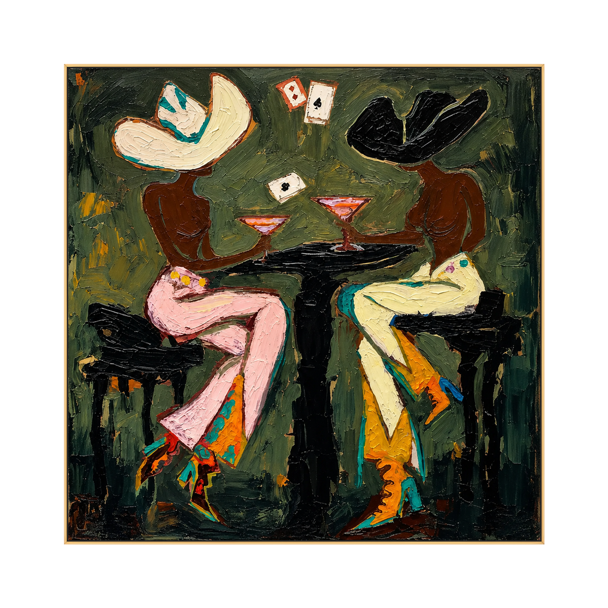 Saloon Suits artwork in a gold frame on a transparent background.