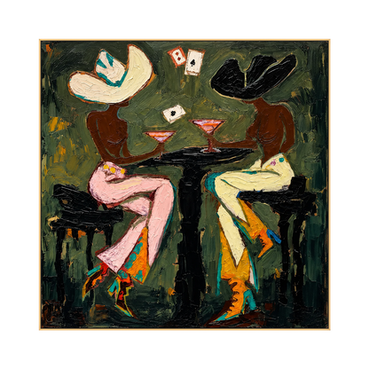 Saloon Suits artwork in a gold frame on a transparent background.