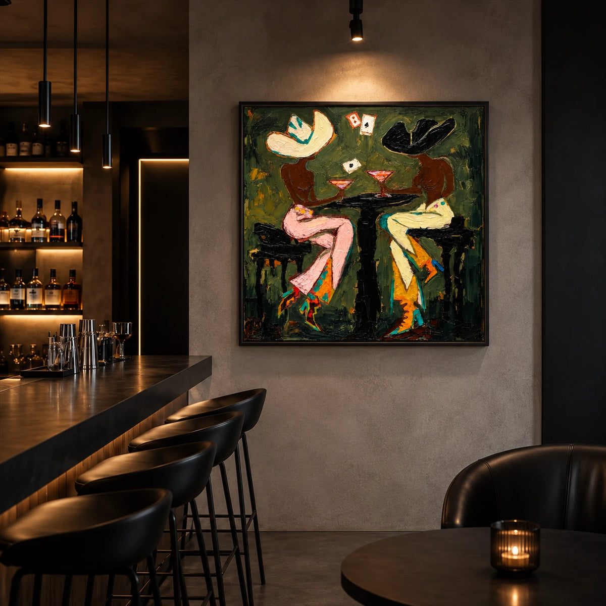 Saloon Suits artwork displayed beside a bar counter and black stools.