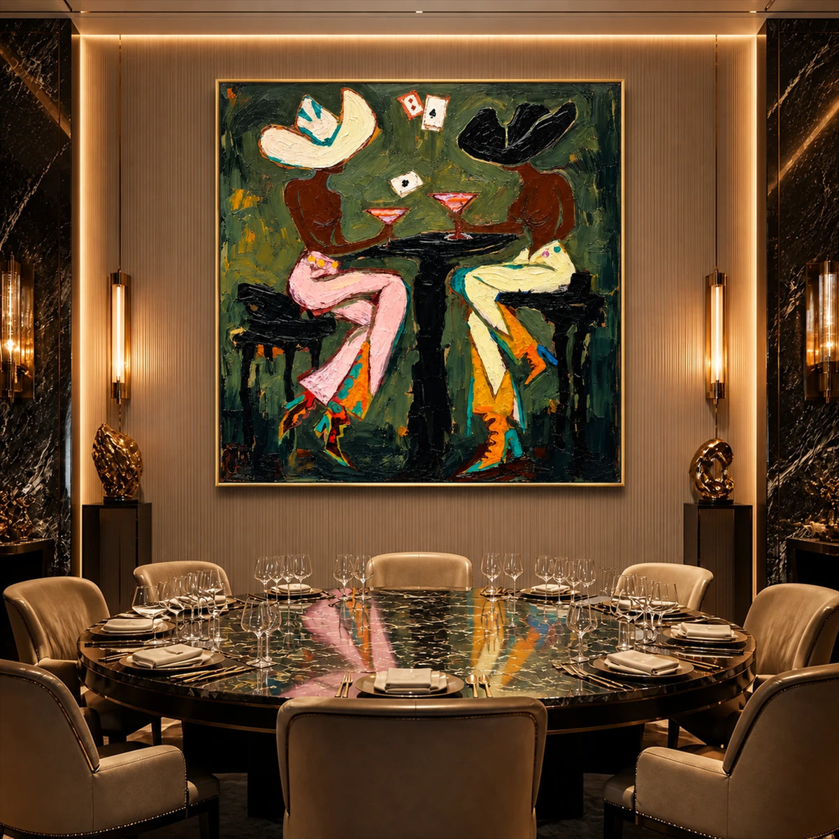 Saloon Suits artwork displayed above a round dining table beneath warm lighting.