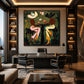 Saloon Suits artwork displayed above a desk framed by illuminated shelves.