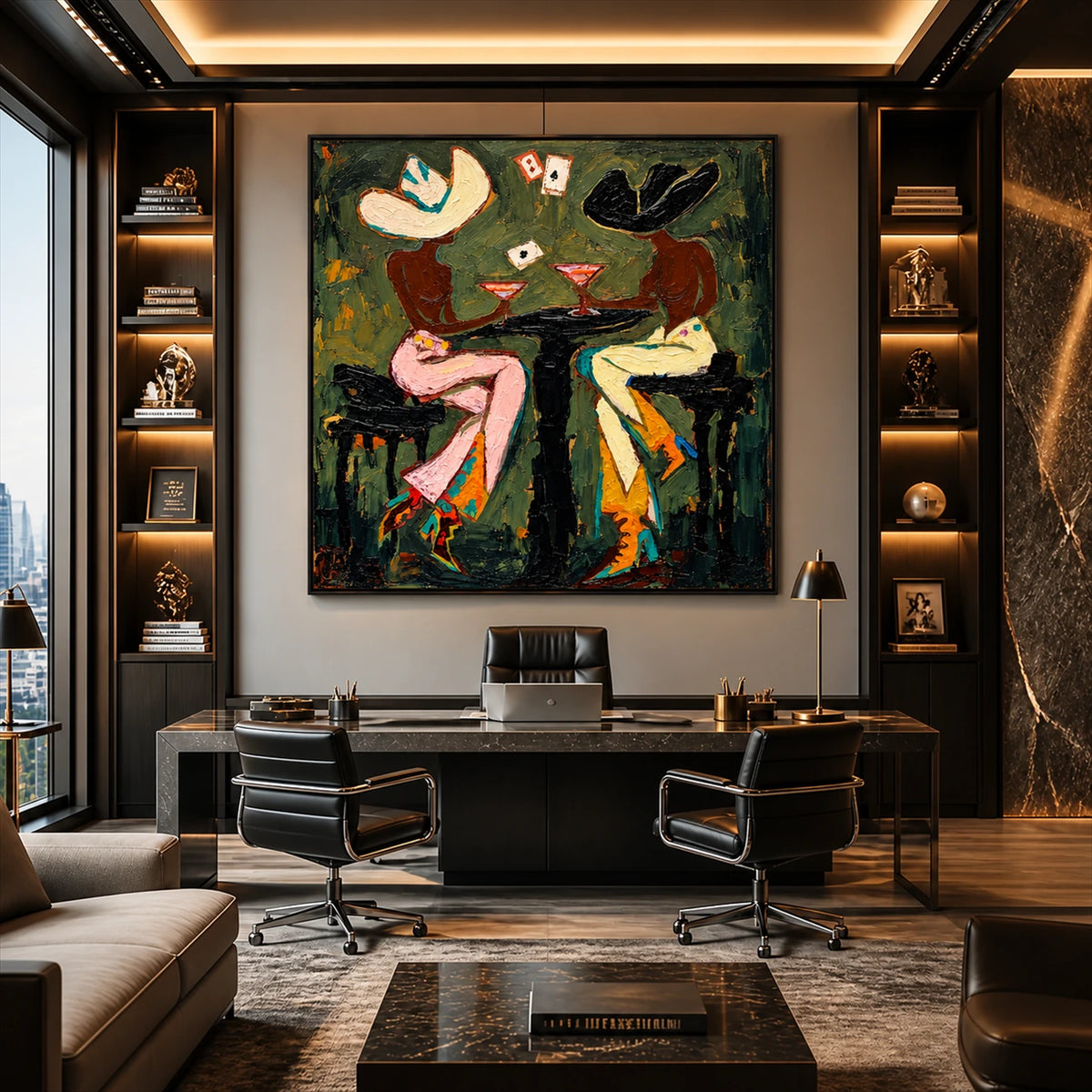 Saloon Suits artwork displayed above a desk framed by illuminated shelves.