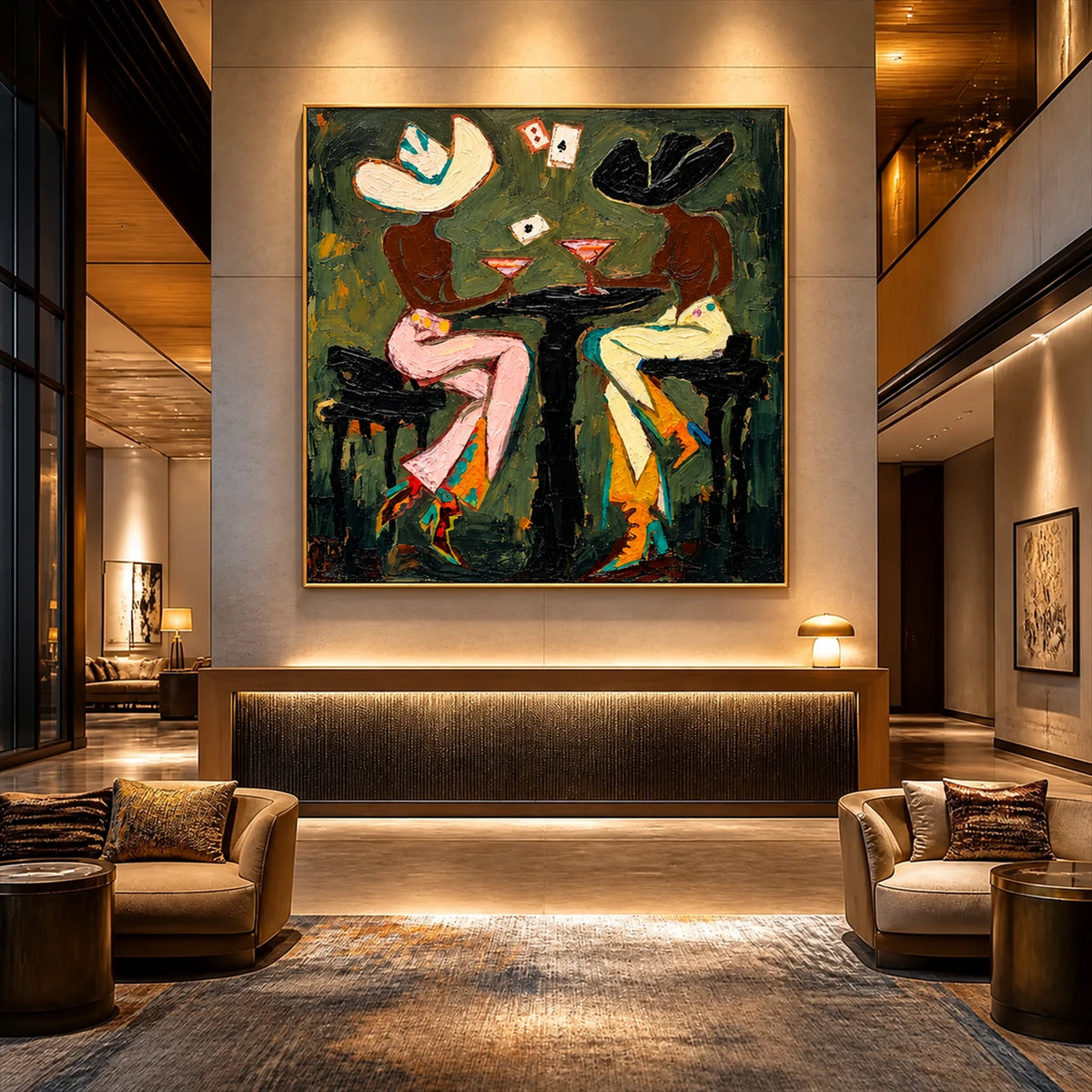 Saloon Suits artwork displayed above a low cabinet between lounge chairs.
