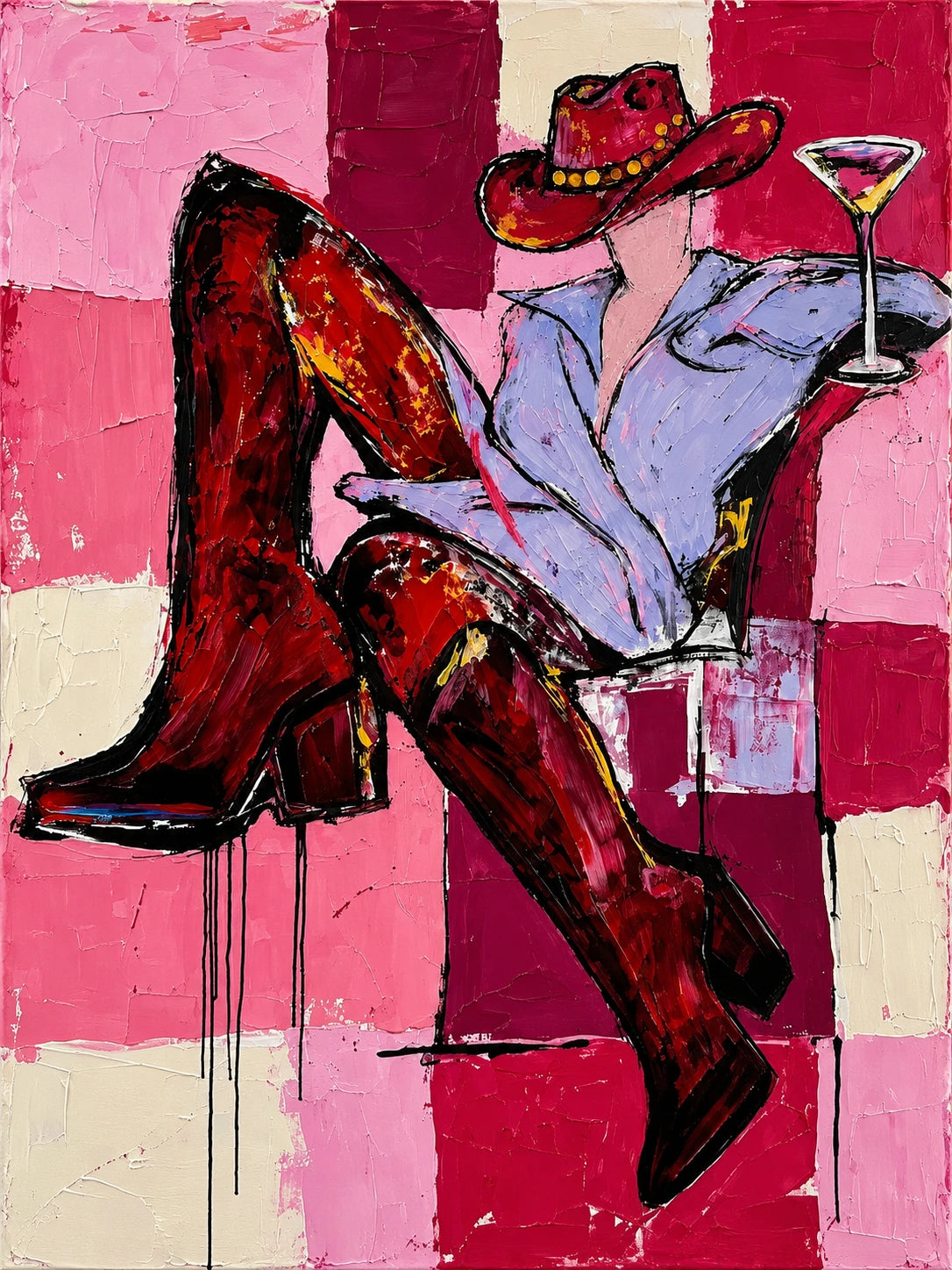 Checkered Cheers full artwork. A reclining cowgirl raises a cocktail against large pink, burgundy and cream checks.