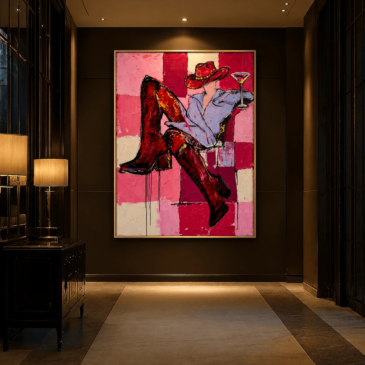 Checkered Cheers artwork displayed on a dark wall in a softly lit entrance.
