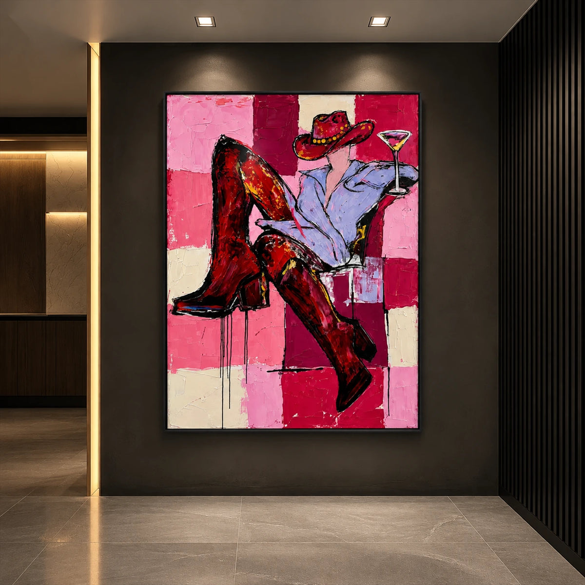 Checkered Cheers artwork displayed on a dark partition beside an open doorway.
