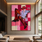 Checkered Cheers artwork displayed above seating in a tall sunlit living room.