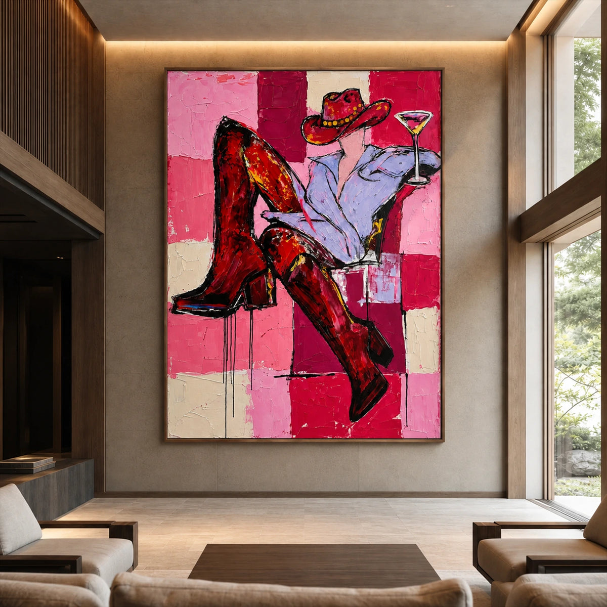 Checkered Cheers artwork displayed above seating in a tall sunlit living room.