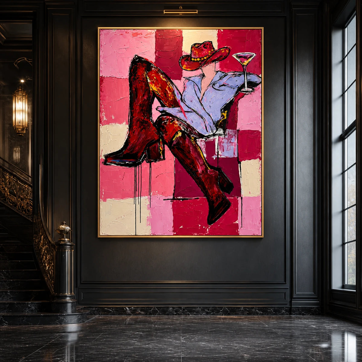 Checkered Cheers artwork displayed on a paneled wall beside tall windows.