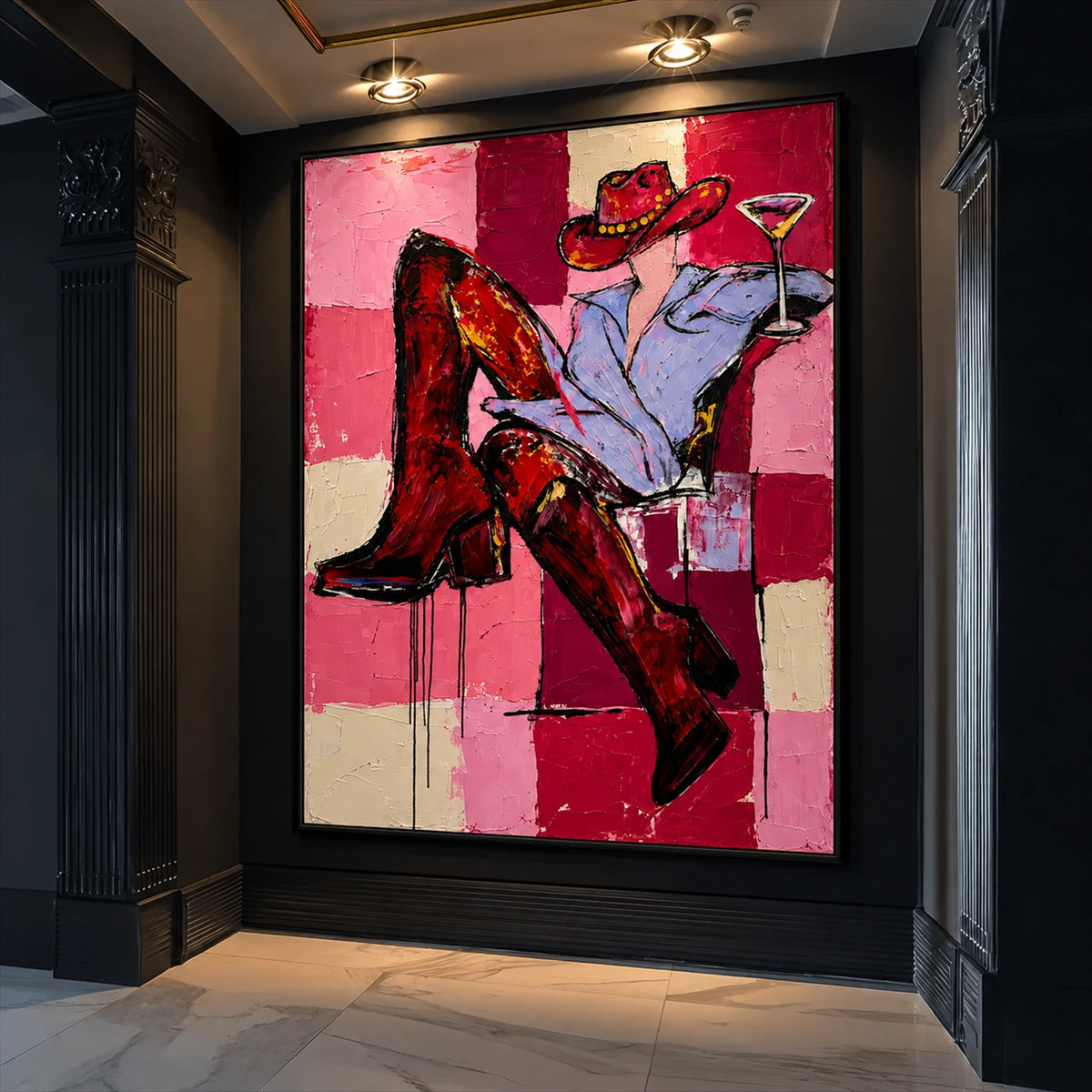 Checkered Cheers artwork displayed on a dark wall beneath gallery spotlights.