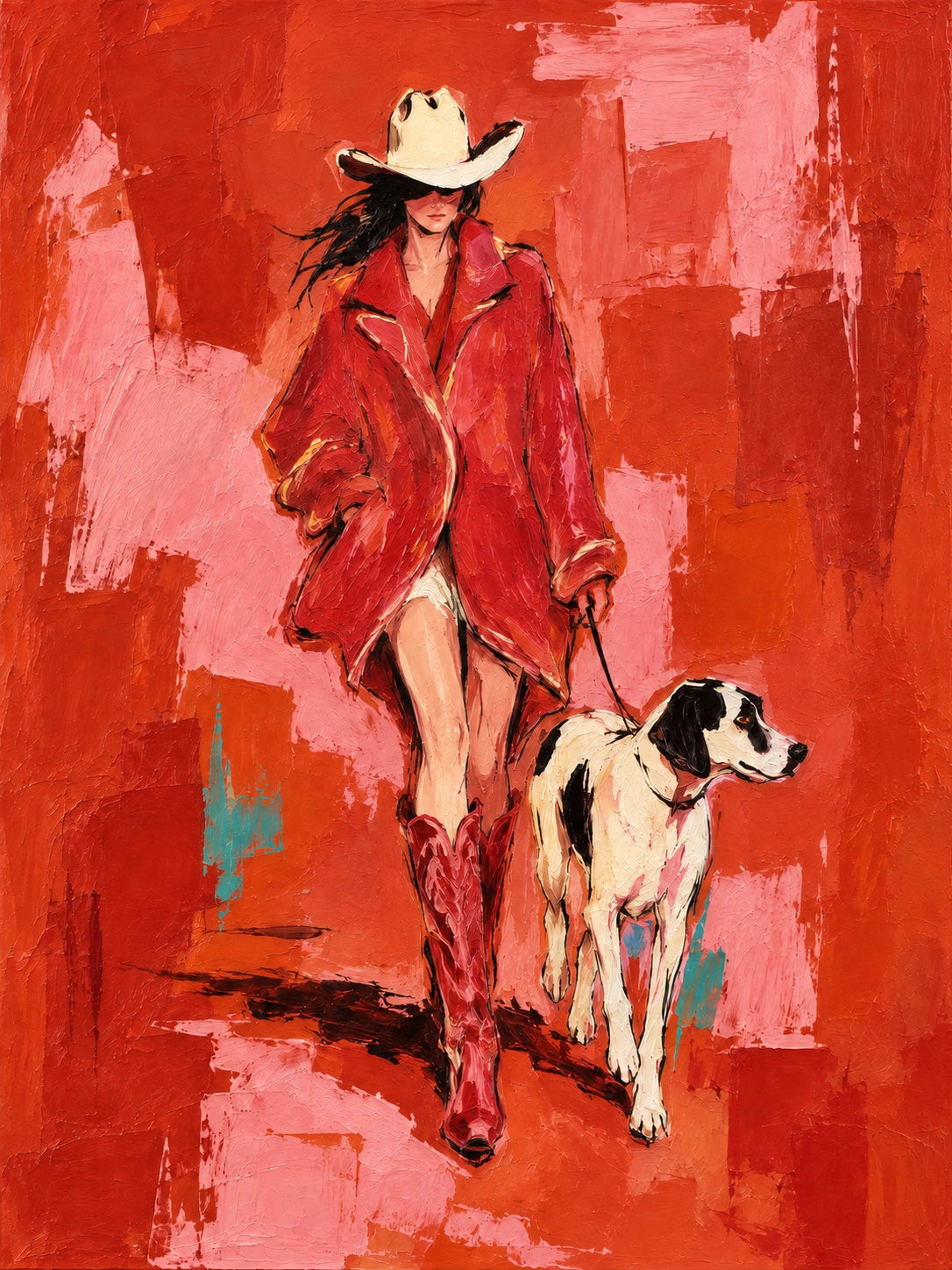 Vermilion Walk full artwork. A cowgirl in a vivid red coat and boots walks beside a black-and-white dog.