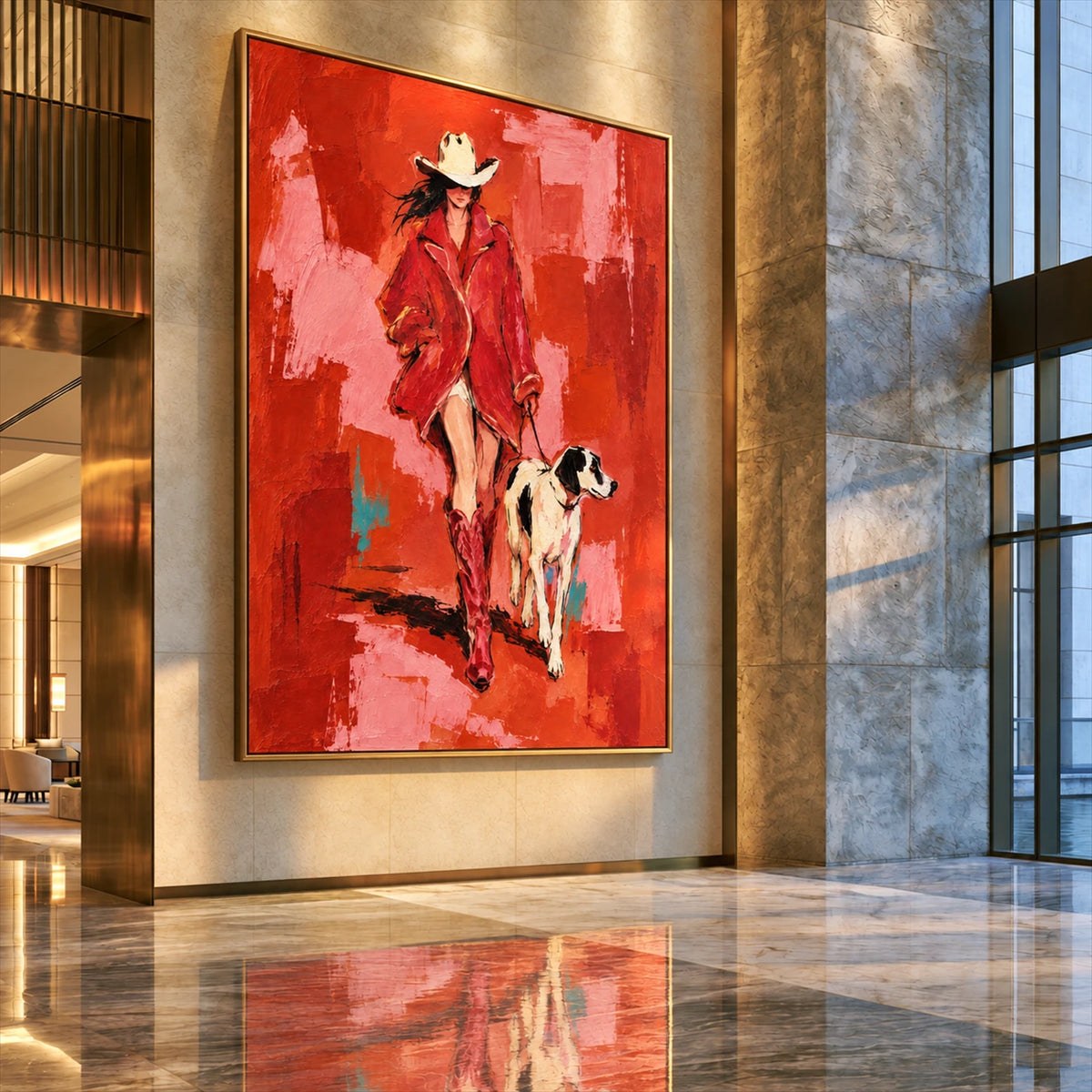 Vermilion Walk artwork displayed on a tall wall beside marble columns and windows.
