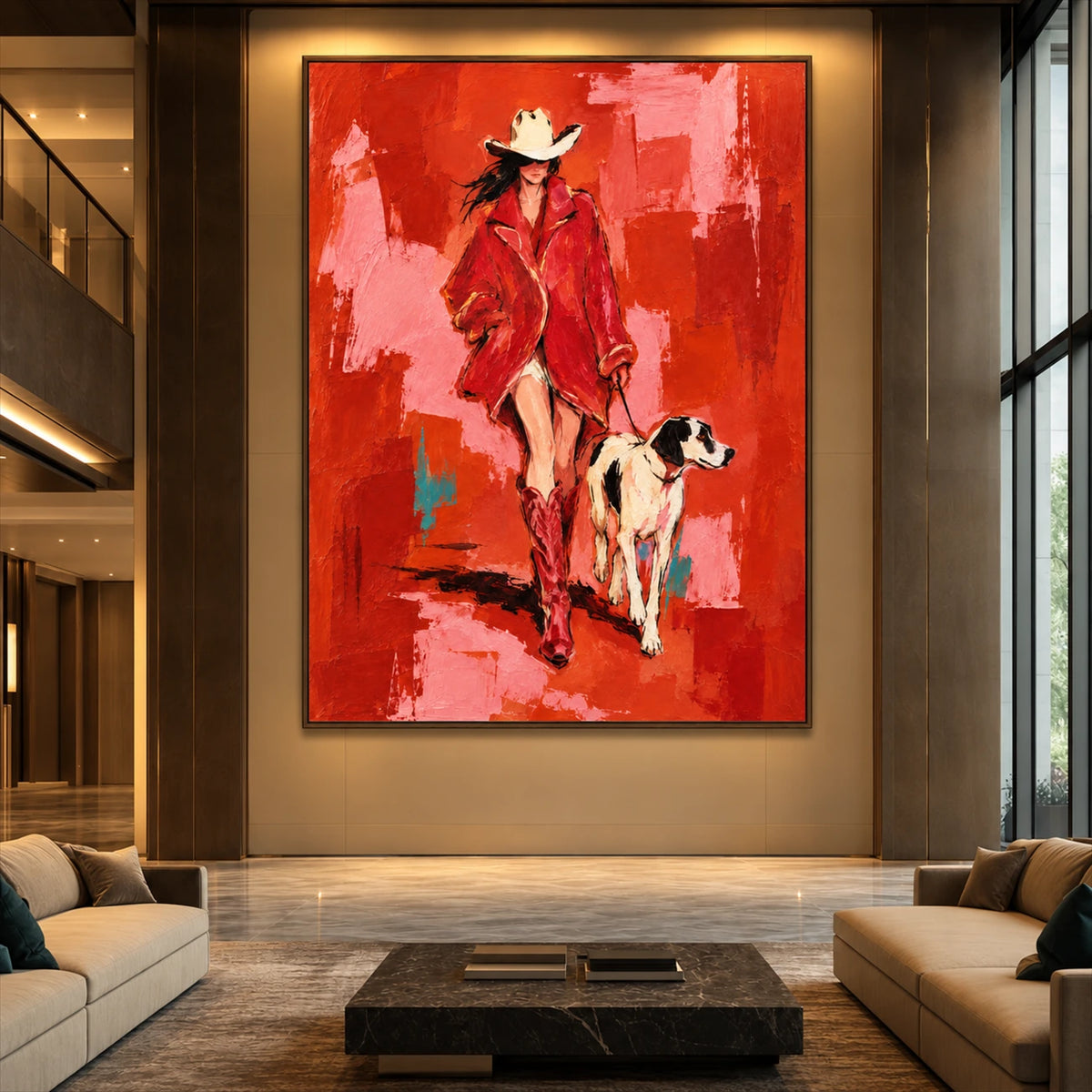 Vermilion Walk artwork displayed above lounge seating in a double-height interior.