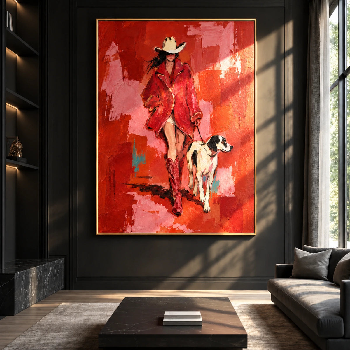 Vermilion Walk artwork displayed above dark seating in warm diagonal sunlight.