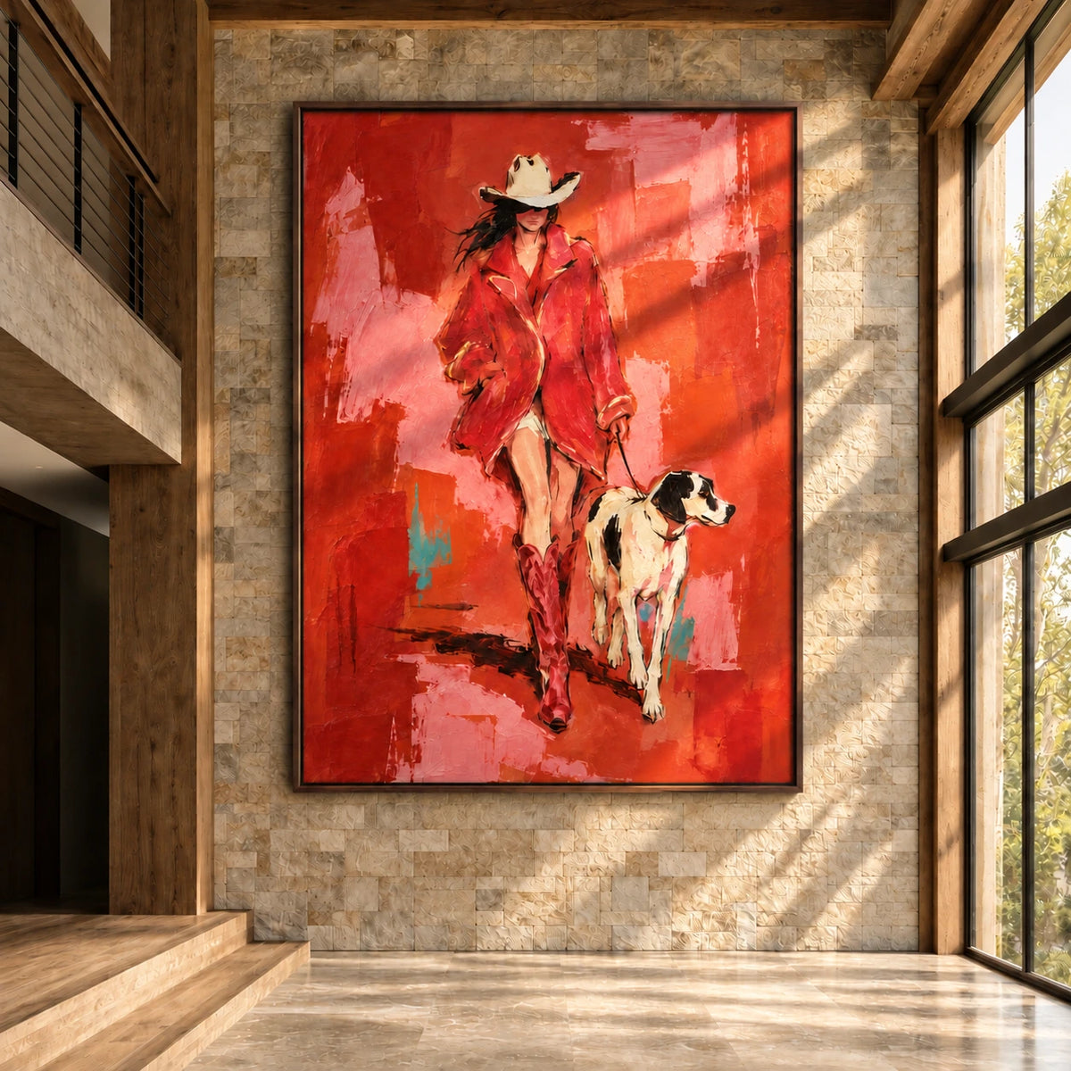 Vermilion Walk artwork displayed on a stone wall beside floor-to-ceiling windows.