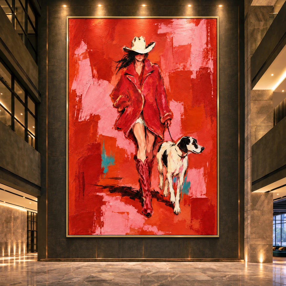 Vermilion Walk artwork displayed on a tall dark wall beneath gallery spotlights.