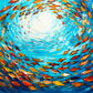 Azure Shoal full artwork. Hundreds of golden fish circle a luminous opening in deep blue water.