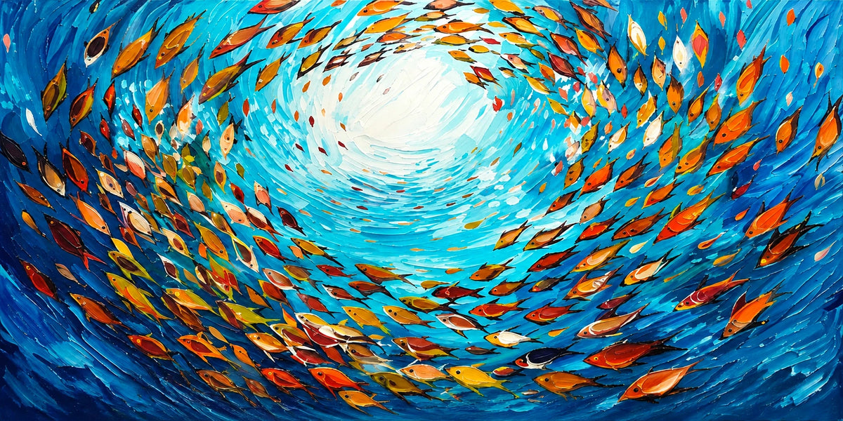 Azure Shoal full artwork. Hundreds of golden fish circle a luminous opening in deep blue water.