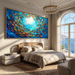 Azure Shoal artwork displayed above a bed beside an arched sea-view window.