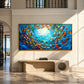 Azure Shoal artwork displayed above a pale console in a sunlit double-height foyer.