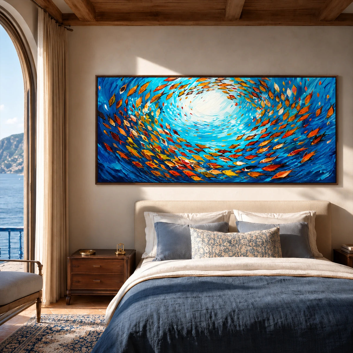 Azure Shoal artwork displayed above a bed with blue bedding.