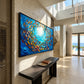 Azure Shoal artwork displayed above a dark console beside a staircase.