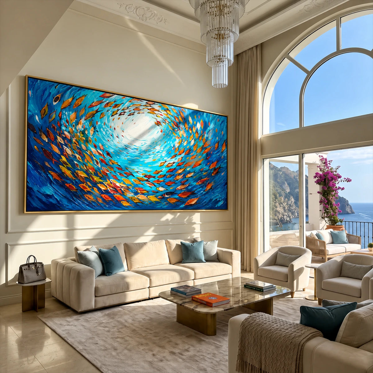 Azure Shoal artwork displayed above a cream sofa in a bright coastal living room.