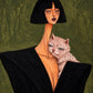 Noir Familiar full artwork. A woman with a sharp black bob and elongated neck cradles a pale cat against her angular black jacket.