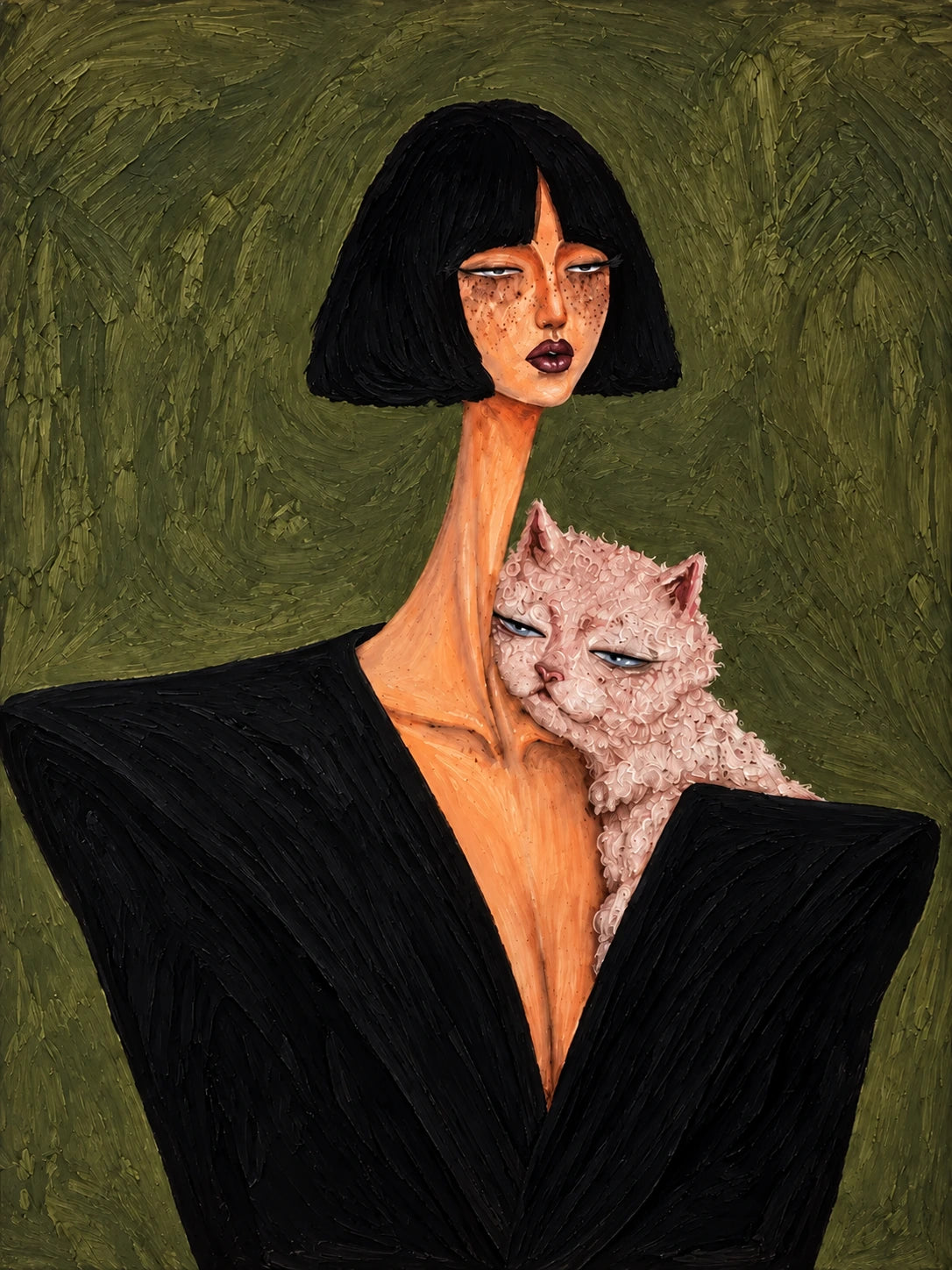 Noir Familiar full artwork. A woman with a sharp black bob and elongated neck cradles a pale cat against her angular black jacket.