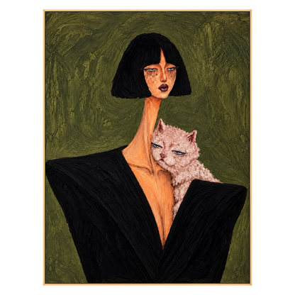 Noir Familiar artwork in a gold frame on a transparent background.
