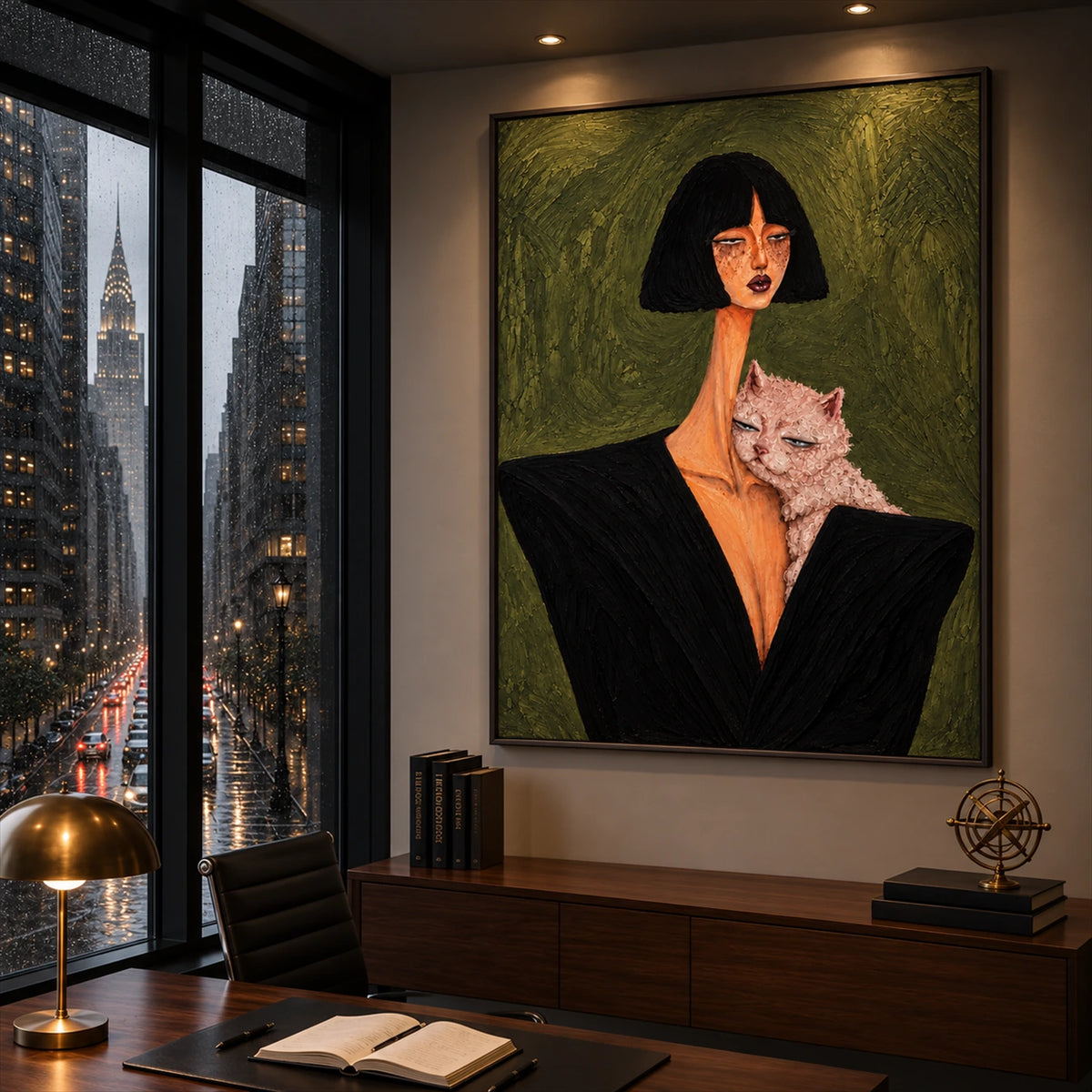 Noir Familiar artwork displayed above a wooden desk beside a city-view window.